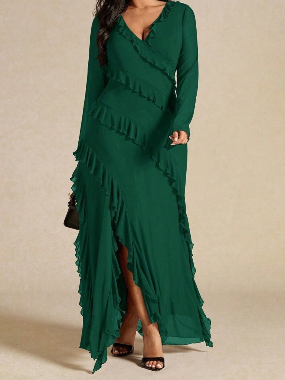 Dark Green Elegant Women's V-Neck Ruffle Hem Long Sleeve Maxi Dress